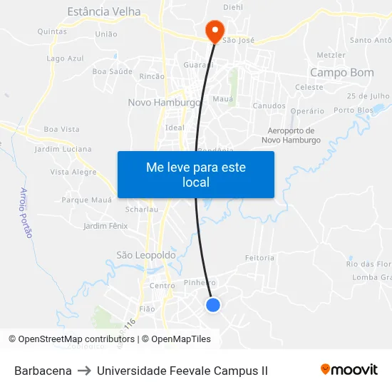 Barbacena to Universidade Feevale Campus II map