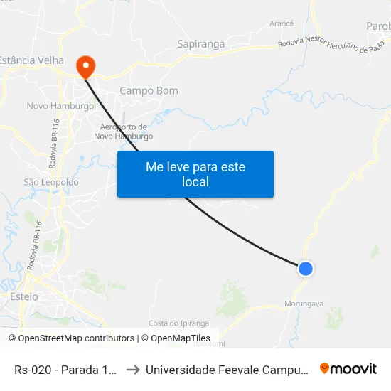 Rs-020 - Parada 101 to Universidade Feevale Campus II map