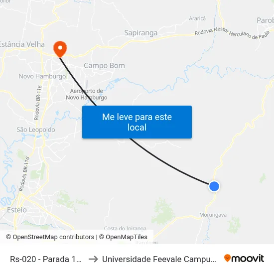 Rs-020 - Parada 102 to Universidade Feevale Campus II map