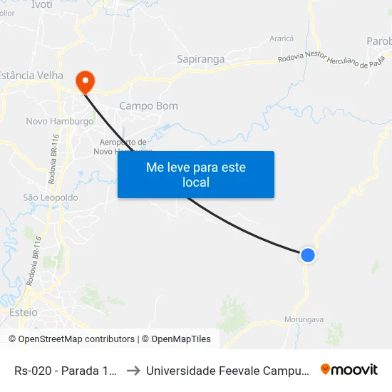 Rs-020 - Parada 105 to Universidade Feevale Campus II map