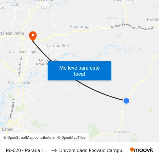 Rs-020 - Parada 107 to Universidade Feevale Campus II map