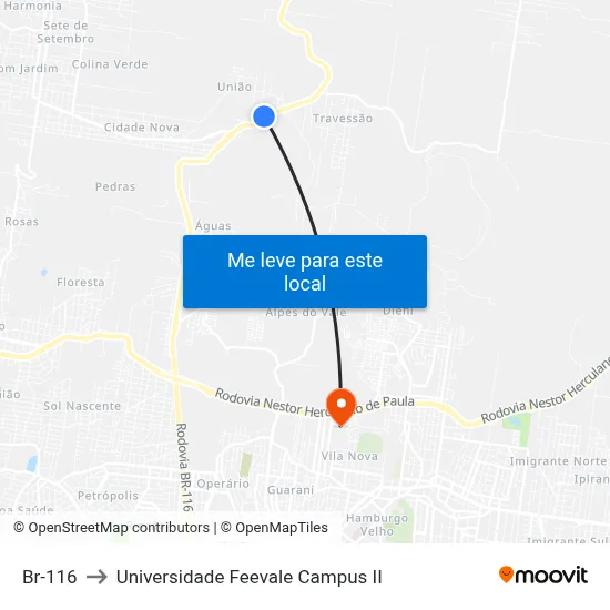 Br-116 to Universidade Feevale Campus II map