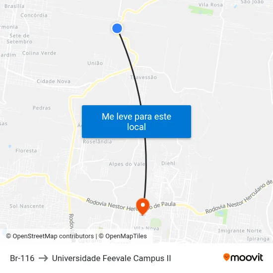 Br-116 to Universidade Feevale Campus II map