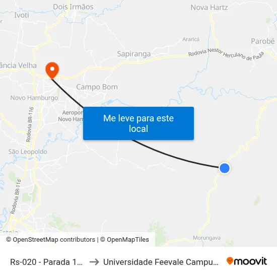 Rs-020 - Parada 111 to Universidade Feevale Campus II map
