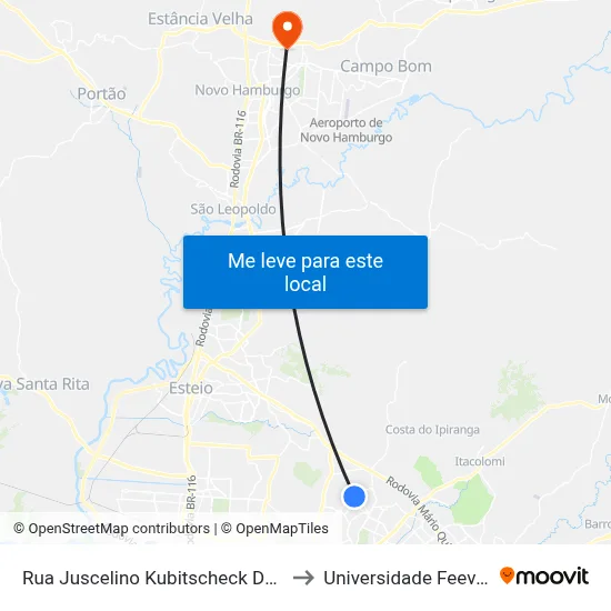 Rua Juscelino Kubitscheck De Oliveira, 1202-1230 to Universidade Feevale Campus II map