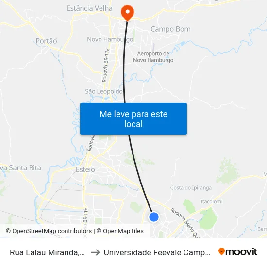Rua Lalau Miranda, 43 to Universidade Feevale Campus II map