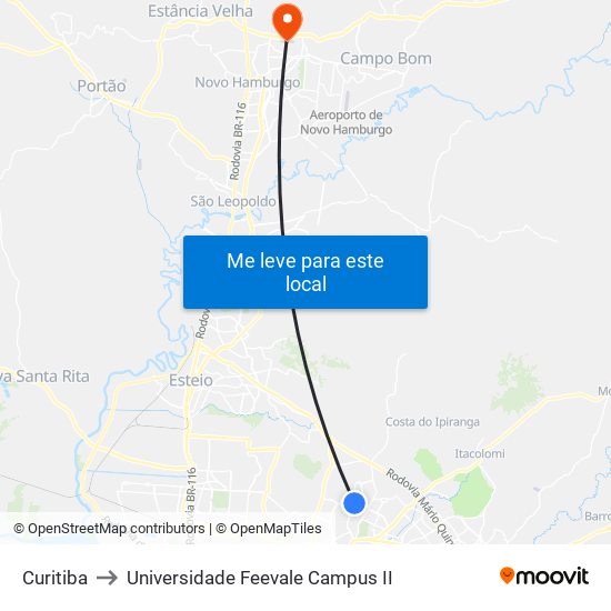 Curitiba to Universidade Feevale Campus II map