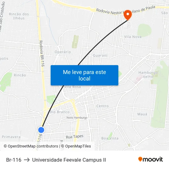 Br-116 to Universidade Feevale Campus II map