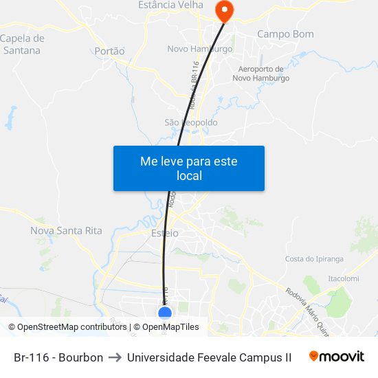 Br-116 - Bourbon to Universidade Feevale Campus II map