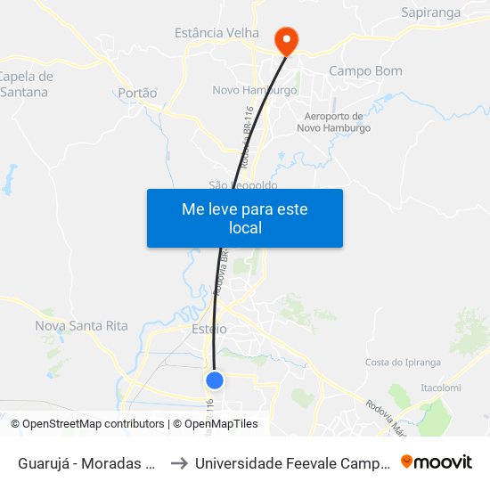 Guarujá - Moradas Club to Universidade Feevale Campus II map