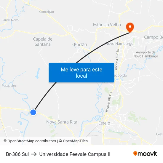 Br-386 Sul to Universidade Feevale Campus II map