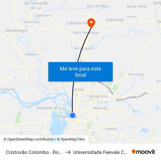 Cristovão Colombo - Bombeiros to Universidade Feevale Campus II map