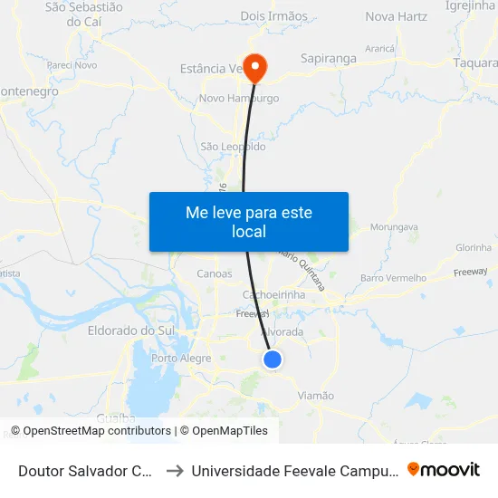 Doutor Salvador Célia to Universidade Feevale Campus II map