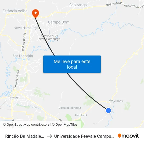 Rincão Da Madalena to Universidade Feevale Campus II map