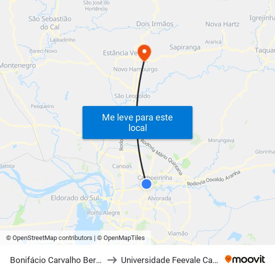 Bonifácio Carvalho Bernardes to Universidade Feevale Campus II map