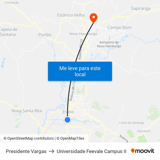 Presidente Vargas to Universidade Feevale Campus II map