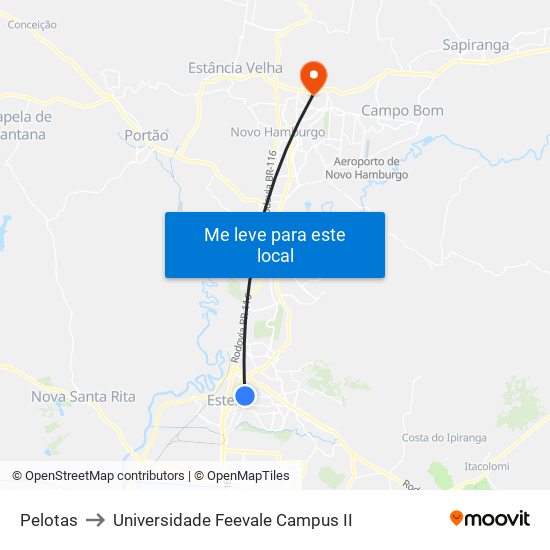 Pelotas to Universidade Feevale Campus II map