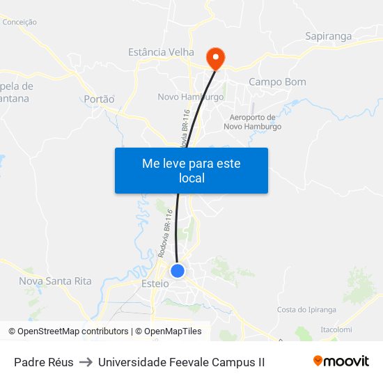 Padre Réus to Universidade Feevale Campus II map