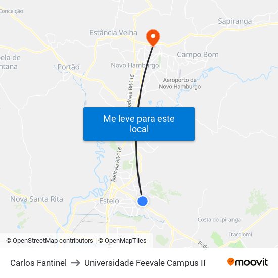 Carlos Fantinel to Universidade Feevale Campus II map