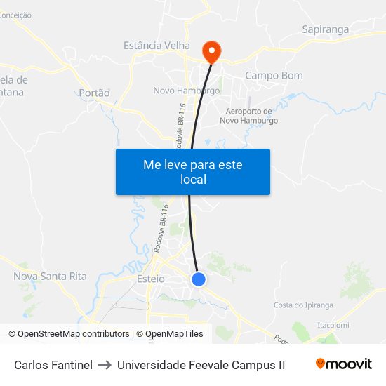 Carlos Fantinel to Universidade Feevale Campus II map