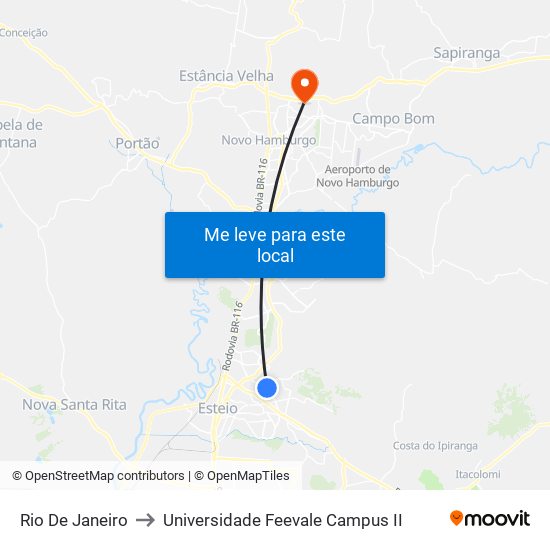 Rio De Janeiro to Universidade Feevale Campus II map