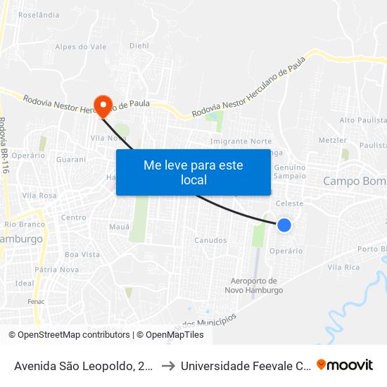 Avenida São Leopoldo, 2129-2191 to Universidade Feevale Campus II map