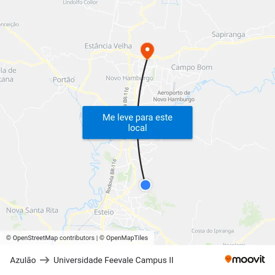 Azulão to Universidade Feevale Campus II map