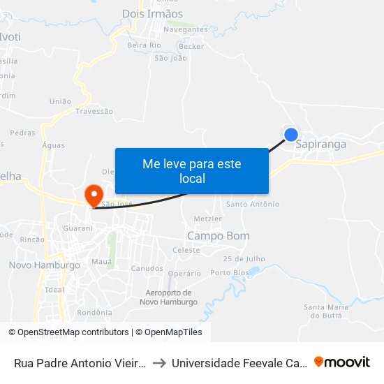 Rua Padre Antonio Vieira, 1137 to Universidade Feevale Campus II map