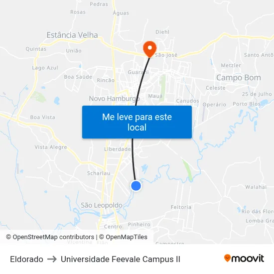 Eldorado to Universidade Feevale Campus II map