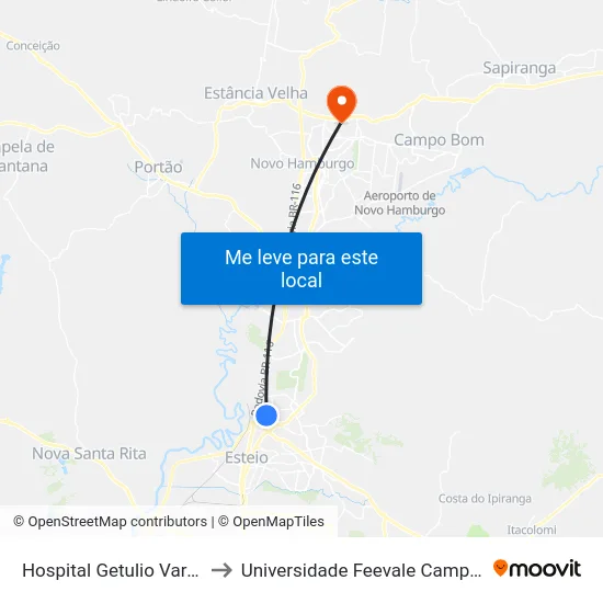 Hospital Getulio Vargas to Universidade Feevale Campus II map