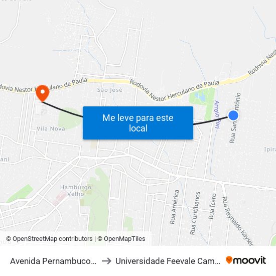 Avenida Pernambuco, 540 to Universidade Feevale Campus II map