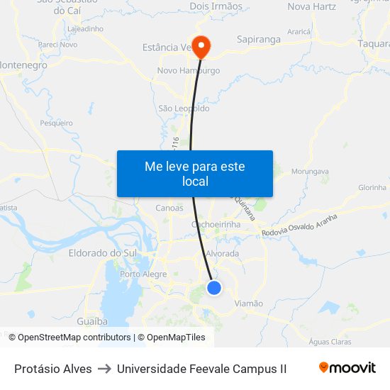 Protásio Alves to Universidade Feevale Campus II map