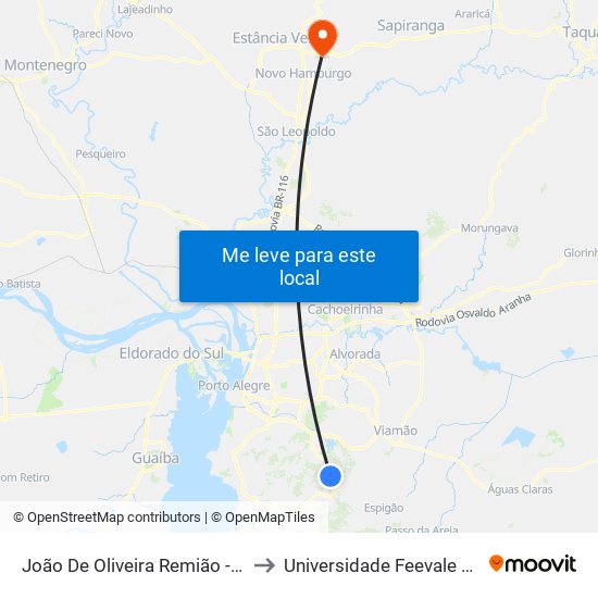 João De Oliveira Remião - Parada 15 to Universidade Feevale Campus II map