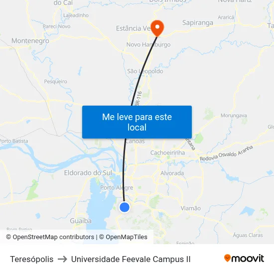 Teresópolis to Universidade Feevale Campus II map