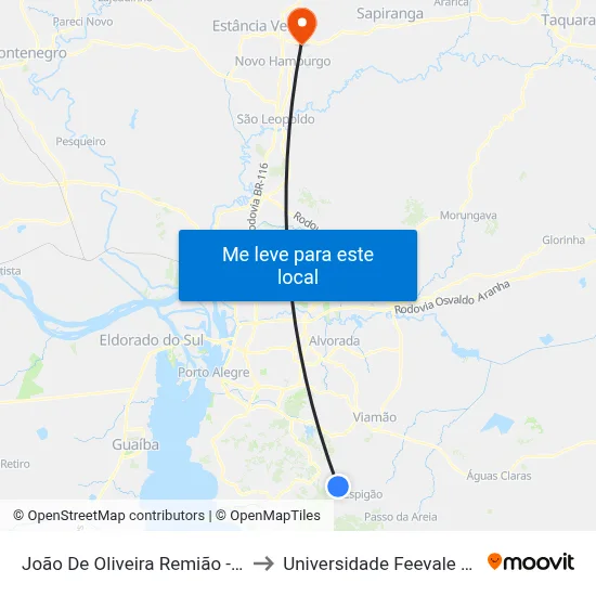 João De Oliveira Remião - Parada 29 to Universidade Feevale Campus II map