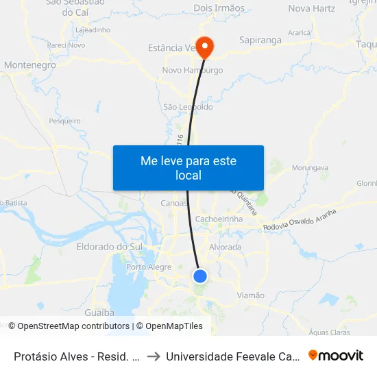Protásio Alves - Resid. Piratini to Universidade Feevale Campus II map