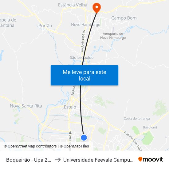 Boqueirão - Upa 24h to Universidade Feevale Campus II map
