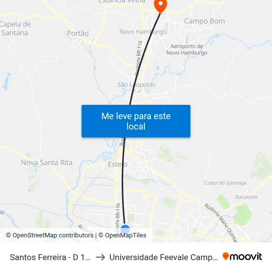 Santos Ferreira - D 1271 to Universidade Feevale Campus II map