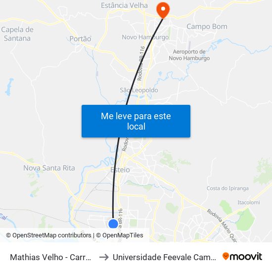 Mathias Velho - Carrefour to Universidade Feevale Campus II map