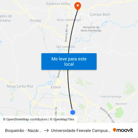 Boqueirão - Nazário to Universidade Feevale Campus II map