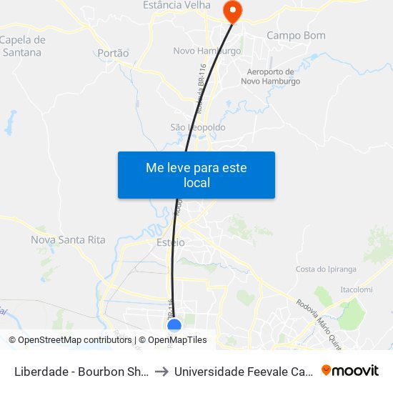 Liberdade - Bourbon Shopping to Universidade Feevale Campus II map