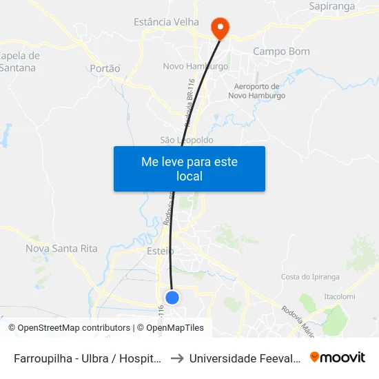 Farroupilha  - Ulbra / Hospital Universitário to Universidade Feevale Campus II map