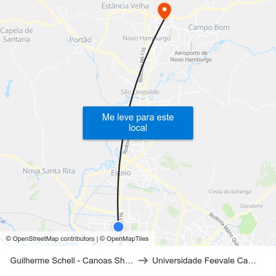 Guilherme Schell - Canoas Shopping to Universidade Feevale Campus II map