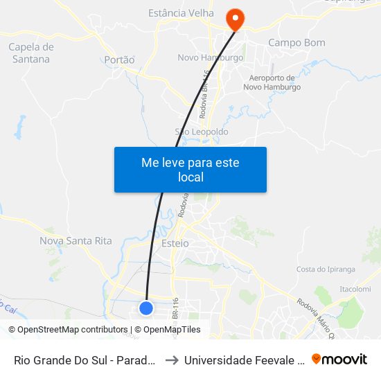 Rio Grande Do Sul - Parada 10 (Rissul) to Universidade Feevale Campus II map