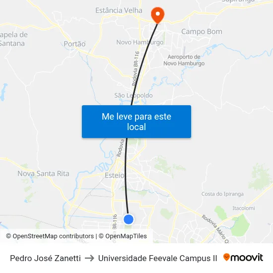 Pedro José Zanetti to Universidade Feevale Campus II map