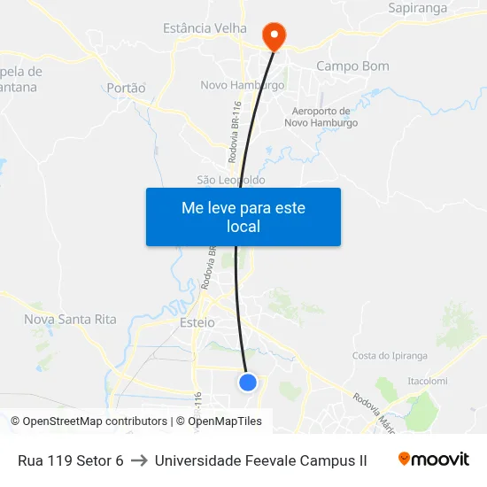 Rua 119 Setor 6 to Universidade Feevale Campus II map