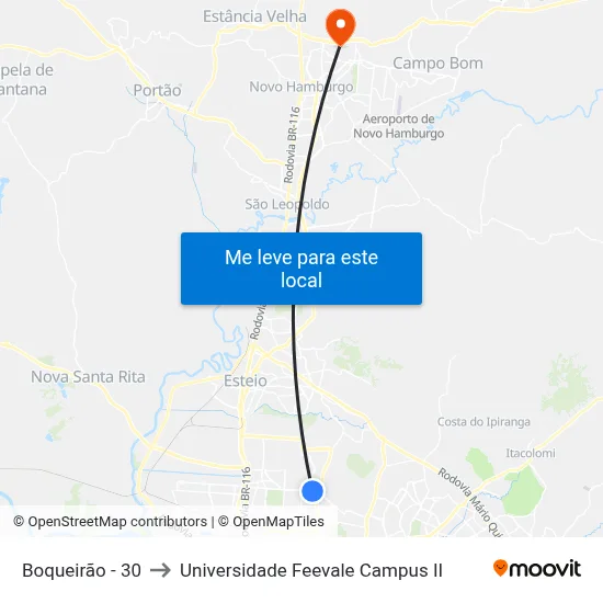 Boqueirão - 30 to Universidade Feevale Campus II map