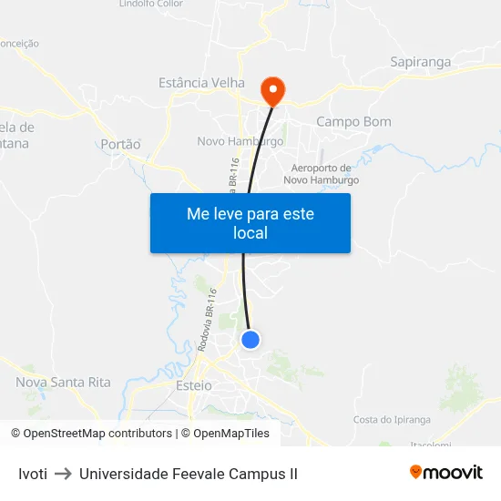 Ivoti to Universidade Feevale Campus II map