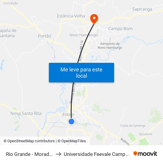Rio Grande - Morada 1 to Universidade Feevale Campus II map