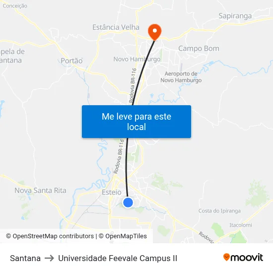 Santana to Universidade Feevale Campus II map